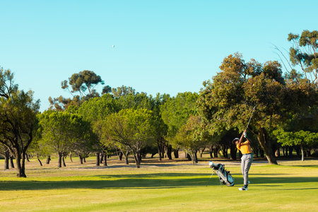 African American male golfer swinging club sending golf ball on fairway beside golf bag, copy space. Athletic, leisure, sport, outdoor, nature, vibrant, competitiveの写真素材