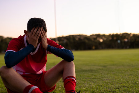 Teenage male soccer player sitting on grass field at dusk shielding face near floodlight poles. Athletic, determination, outdoor, sportsmanship, landscape, evening, motivationの写真素材
