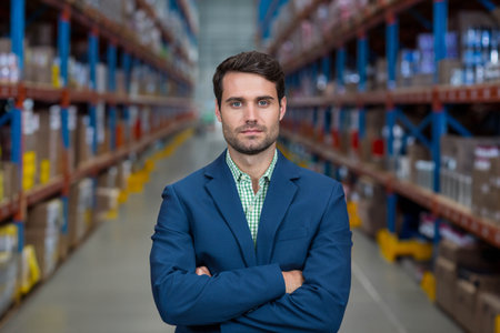 Male warehouse manager is standing in aisle lined with racks of inventory under fluorescent lights. Industrial, logistics, storage, organization, efficiency, operational, corporateの写真素材