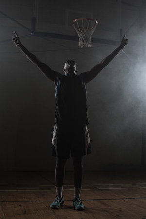 Basketball player standing on wooden court under hoop in dim gym while haze drifts around lights. Athletics, victory, motivation, sportsmanship, performance, dynamic, silhouetteの写真素材