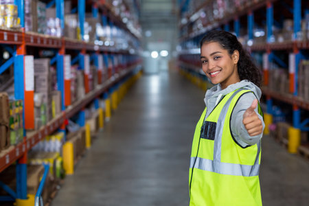 Metal shelving units holding cardboard boxes and packaged goods in wide warehouse aisle. Industrial, logistics, storage, inventory, distribution, organization, operationalの写真素材