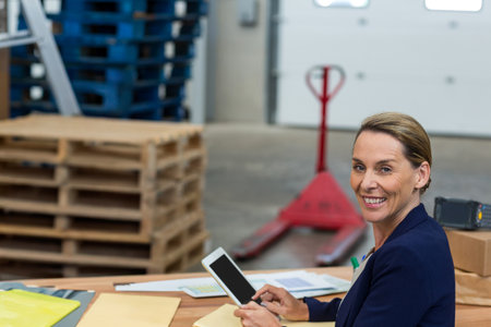 Warehouse supervisor sitting at desk holding tablet and reviewing charts near red pallet jack. Corporate, industrial, organizational, logistics, efficiency, productivity, modernの写真素材