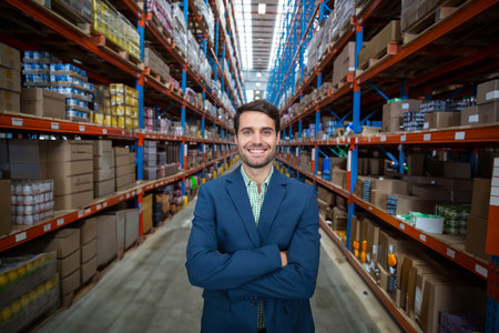 Shelving units extending high and holding rows of stacked cardboard boxes in bright warehouse aisle....