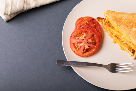 Directly above view of fresh tomato slices with peppercorn seasoning by cheese sandwich in plate. unaltered, food and snack concept.の写真素材