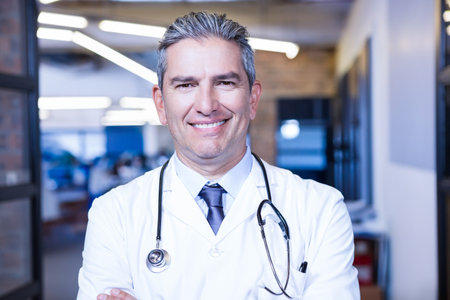 Middle-aged doctor standing in glass-walled corridor wearing lab coat and stethoscope, LED-lit. Professional, healthcare, modern, clinical, diagnostic, physician, medical environmentの写真素材