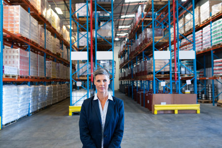 Mature female standing in warehouse aisle wearing navy blazer and white blouse near pallet racks. Supervisor, manager, professional, industrial, logistics, storage, inventoryの写真素材