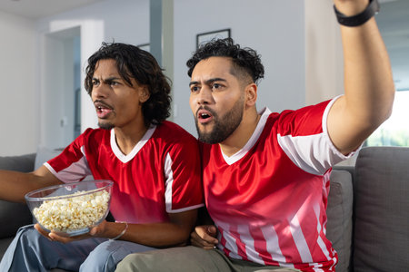 Male friends wearing red jerseys cheering on gray sofa in living room with bowl of popcorn. Sports fans, friendship, leisure, relaxation, modern interior, vibrant, camaraderieの写真素材
