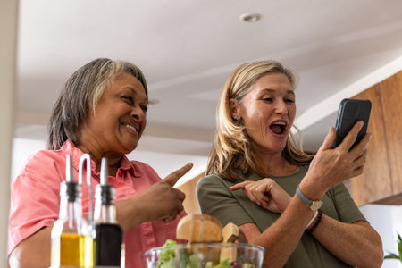 Diverse senior female friends standing by kitchen counter and viewing smartphone with salad bowl. Friendship, togetherness, wellness, healthy lifestyle, casual, modern, vibrantの写真素材