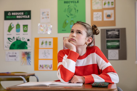 Female child sitting at school desk with open notebook propping chin and gazing at recycling chart....