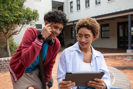 African American friends leaning on curved bench in courtyard sharing tablet and wearing headphones. Teenagers, casual, modern, technology, learning, friendship, outdoorの写真素材