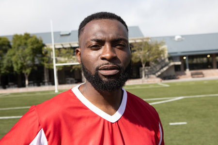 African American man standing on artificial turf field wearing red and white jersey near goalpost. Athlete, sport, fitness, outdoor, team, competition, athleticismの写真素材
