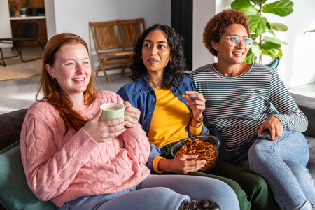 Diverse female friends relaxing on sofa sipping from mug snacking on pretzels and pressing remote....