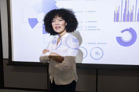 Mid adult woman presenter standing at conference with white blouse and charts on screen, copy space....