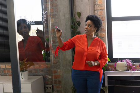 Mid adult African American woman standing at glass panel in office sketching diagram with marker. Professional, brainstorming, interior, workspace, contemporary, inspiration, productivityの写真素材