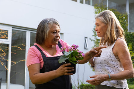 Diverse senior friends holding black plastic pot pointing and discussing pink flowers on home patio. Gardening, friendship, outdoor, lifestyle, vibrant, cheerful, communityの写真素材