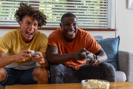 Diverse male friends holding wireless controllers sitting on grey sofa at home gaming with popcorn. Casual, technology, entertainment, relaxation, vibrant, camaraderie, modernの写真素材
