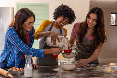 Diverse female friends measuring flour using red cup and whisking batter in bowl at kitchen island. Cooking, baking, collaboration, domestic, family, recipe, culinaryの写真素材