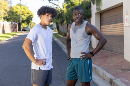 Diverse male friends standing and panting on suburban street with wristwatch and fitness tracker....