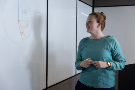 Glass whiteboard panels displaying orange and blue pie chart segments in modern office meeting room....