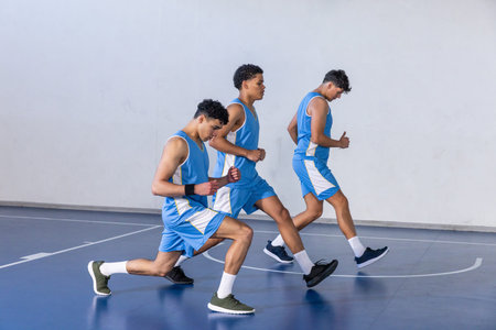 African American teenage basketball teammates performing forward lunges on court in blue uniforms....