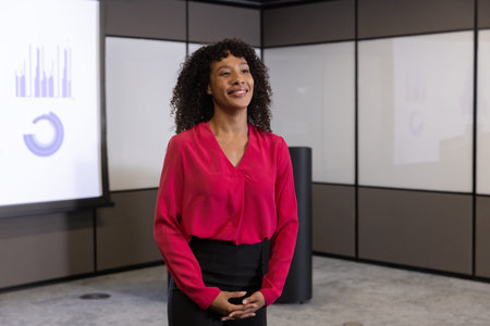 African American woman wearing fuchsia blouse presenting bar and pie charts on screen in boardroom....