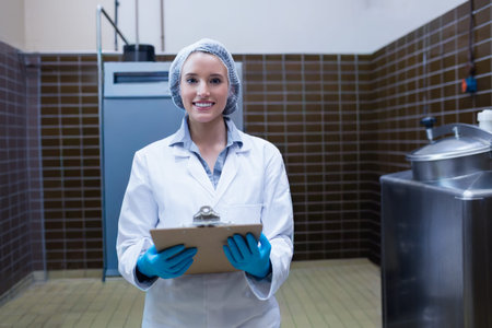 Stainless steel vat and tall metal cabinet are gleaming in tiled processing room, clipboard nearby....