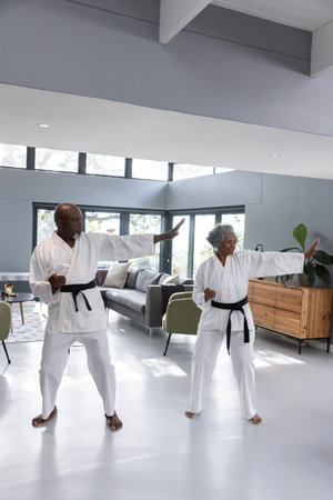 Diverse senior couple practicing karate punching in living room wearing white gis and black belts. Martial arts, fitness, wellness, home practice, strength, active aging, modern interiorの写真素材