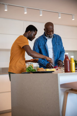 Father and son preparing food at kitchen island with knife, buns and condiments. Family, culinary, modern, lifestyle, together, domestic, preparationの写真素材