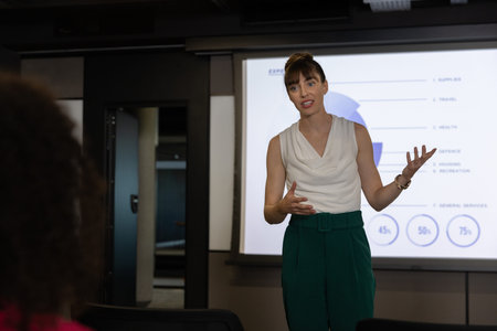 Woman presenting and gesturing toward pie chart slide on screen in meeting room with open doorway....