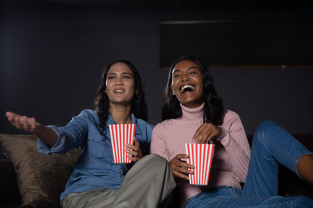 Diverse female friends sitting on plush sofa in living room holding popcorn buckets and reacting....