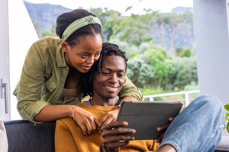 African American couple sitting on dark upholstered sofa near glass door, holding tablet together. Couch, home, sunlit, balcony, window, device, greeneryの写真素材