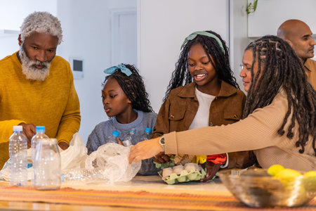 Multi-generational family gathering and sorting plastic bottles and egg carton at kitchen counter....
