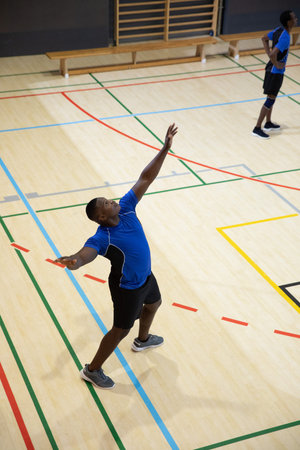 African American male teammates practicing overhead serve motion on gym court wearing blue shirts. Athletes, training, teamwork, gymnasium, hardwood, multicolor, markingsの写真素材