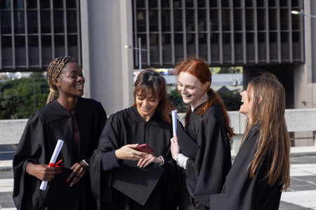 Diverse female graduates wearing black gowns standing on campus plaza with diplomas and caps, phone. Quartet, outdoor, terrace, urban, mortarboard, robes, scrollsの写真素材