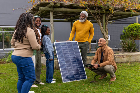 African American family testing solar panel on lawn, senior steadying, kneeling man holding tablet....