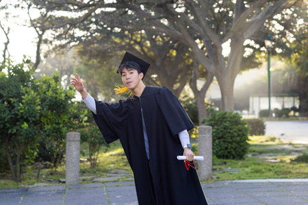Man in graduation gown standing in the park with diploma in hand.