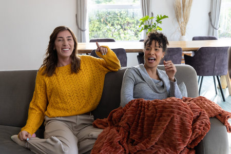 Diverse women friends sitting on gray sofa at home, mustard sweater, rust throw, holding remote. Duo, candid, cozy, daylight, interior, decor, casualの写真素材