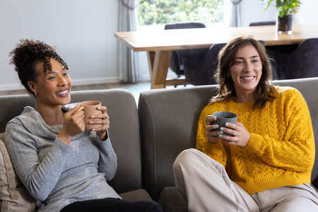 Two adult female friends sitting on gray sofa holding ceramic mugs and chatting by window. Duo,...