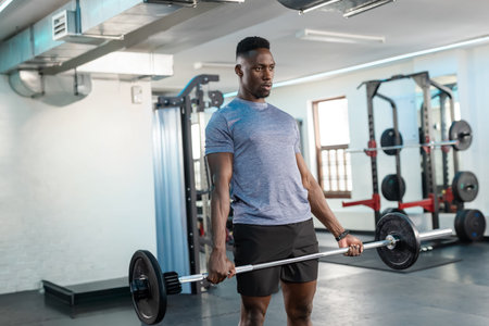 African American man lifting loaded barbell at gym weight area, wearing heather blue shirt. Strength, training, athlete, equipment, racks, plates, daylight