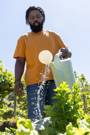 African American man wearing orange tee pouring water from green watering can over plants in garden. Gardener, allotment, backyard, trellis, vegetables, foliage, sunlight
