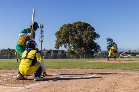 Pitcher launching sports pitch batter holding bat preparing swing for play with animated arc on bat