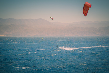 Windsurfers sailing in the Red Sea. Near the beach of Eilat Israel.の写真素材