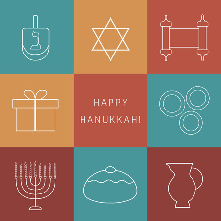 Hanukkah holiday flat design white thin line icons set with text in englishのイラスト素材