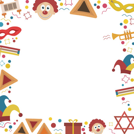 Frame with Purim holiday flat design icons. Template with space for text, isolated on background. Vector illustration.のイラスト素材