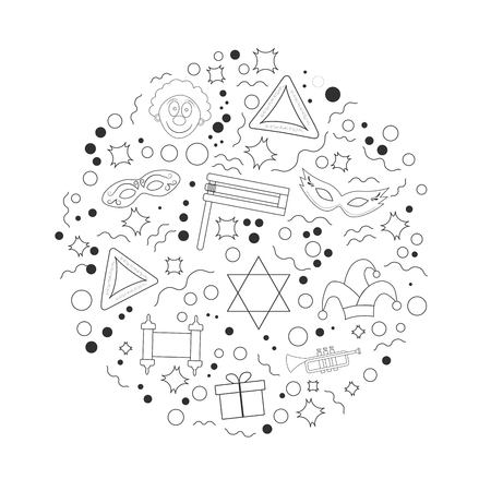 Purim holiday flat design black thin line icons set in round shape.のイラスト素材