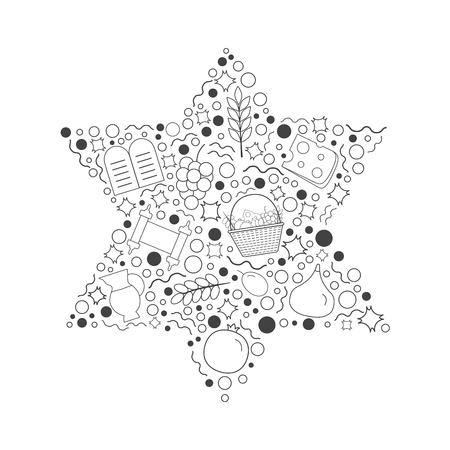 Shavuot holiday flat design black thin line icons set in star of David shape.のイラスト素材