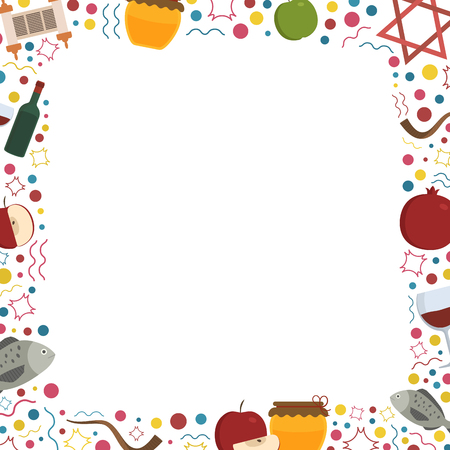 Frame with Rosh Hashanah holiday flat design icons. Template with space for text, isolated on background.のイラスト素材