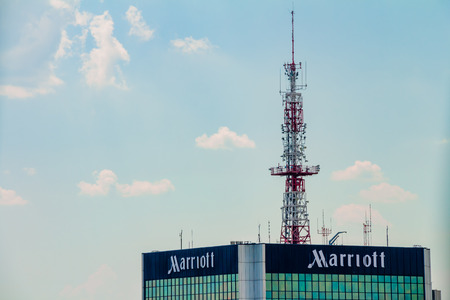 Warsaw, Poland - May 31, 2018: High office building of the Marriott hotel company in the city center.のeditorial素材