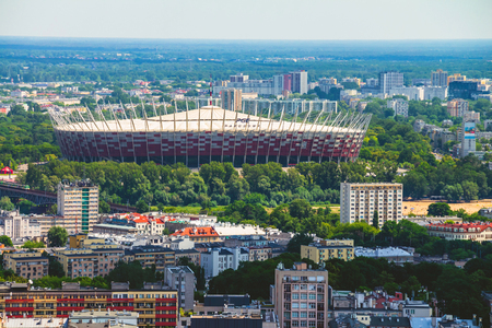 Aerial view of the Warsaw skyline buildings including Warsaw and the National Stadium.のeditorial素材