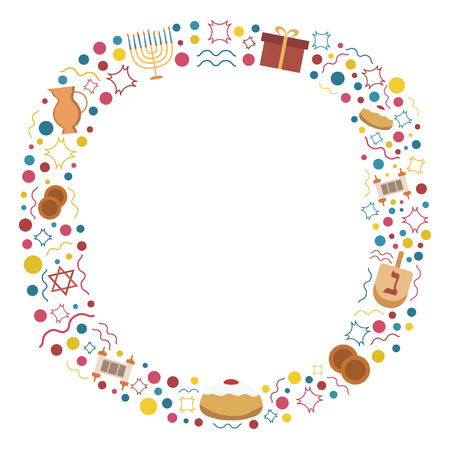 Frame with Hanukkah holiday flat design icons. Template with space for text, isolated on background.のイラスト素材